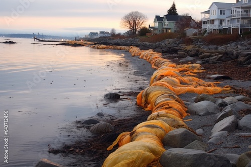 close-up of oil-absorbent booms on contaminated shoreline