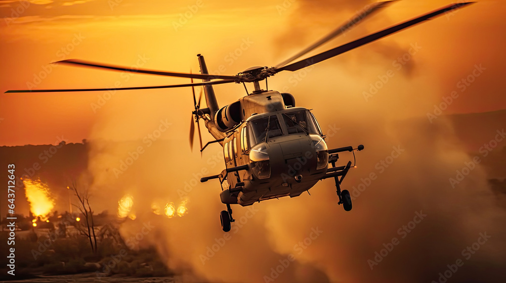Military commando helicopter drops during sunset. Generative Ai