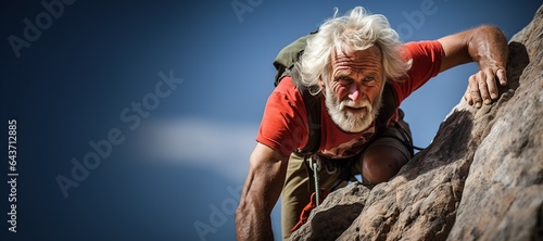 Senior man with a tourist backpack climbs a mountain. The concept of active life of the elderly.