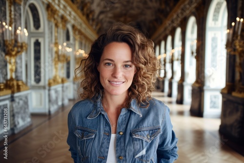 Medium shot portrait photography of a satisfied girl in her 40s wearing a versatile denim shirt at the palace of versailles in versailles france. With generative AI technology