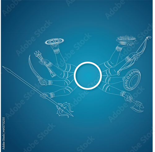 Happy Durga Puja Festival Background with Goddess Durga Hands, for Hindu Religious Festival Durga Puja or Navratri. Line art Vector Illustration.