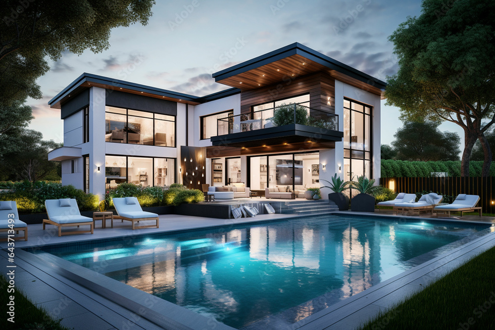 3d rendering of modern cozy house with pool and parking for sale or rent. Black car in front. Clear sunny summer day with blue sky. ai generated