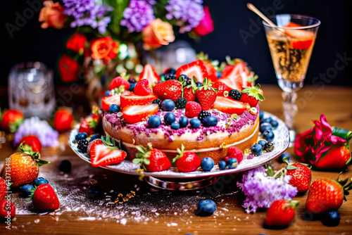 Colorful Layered Cake with Fruit and Champagne on Gold Stand © Moon