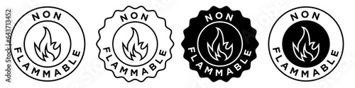 non flammable icon. No toxic heat resistant gas symbol. Fire proof label sticker vector for product packaging. No flame round stamp photo