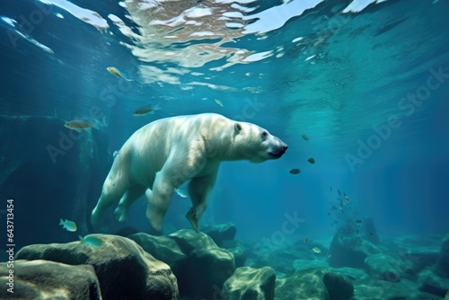 polar bear swimming underwater with icebergs in background