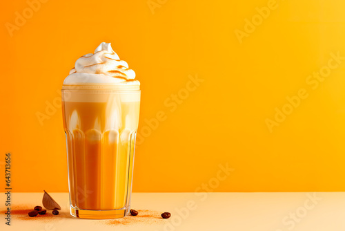 iced latte coffee on yellow background. Copy space