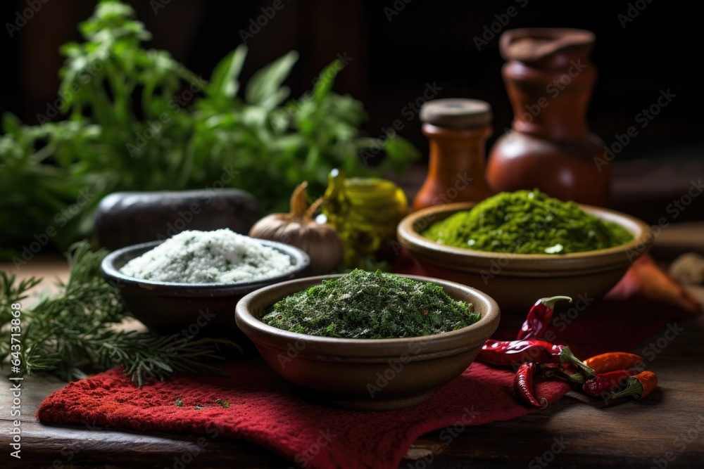 fresh herbs and spices in small bowls fresh herbs and spices in small bowls
