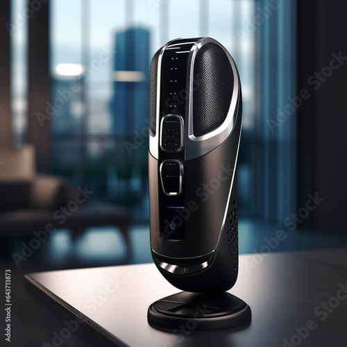 Modern black professional microphone on the table in office. 3d rendering. ai generated photo