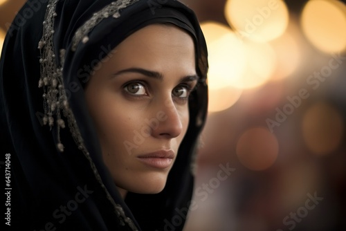 Photography in the style of pensive portraiture of a tender mature woman wearing an elegant halter top at the mecca in saudi arabia. With generative AI technology