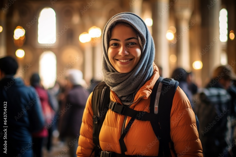 Medium shot portrait photography of a jovial girl in her 30s wearing a thermal insulation vest at the blue mosque in istanbul turkey. With generative AI technology - obrazy, fototapety, plakaty 