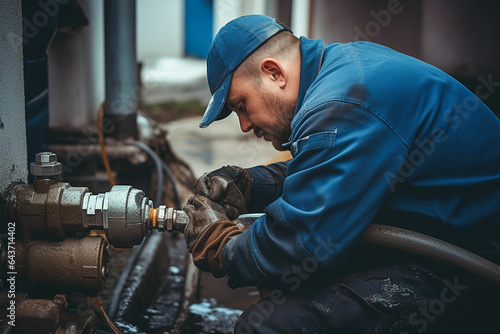 Close-up of a plumber repairing pipes in a building. ai generated photo