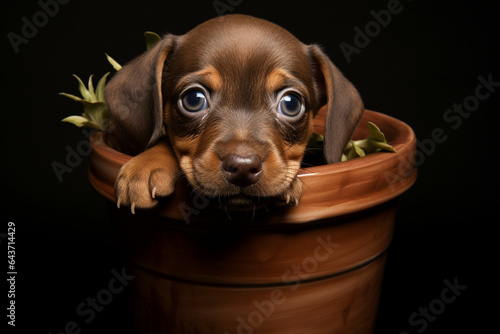 Cute puppy in a clay pot with lettuce on a black background. ai generated photo