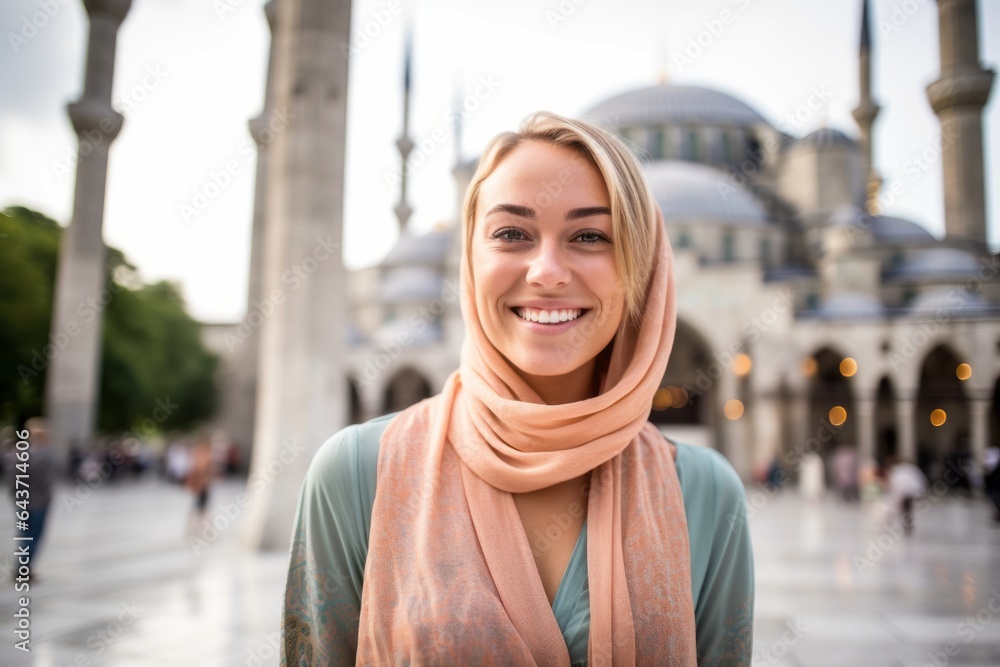 Fototapeta premium Close-up portrait photography of a joyful girl in her 20s wearing an elegant halter top at the blue mosque in istanbul turkey. With generative AI technology