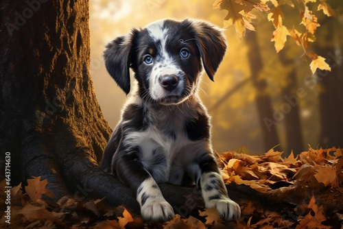Cute golden retriever puppy sitting on tree trunk in autumn forest. ai generated photo