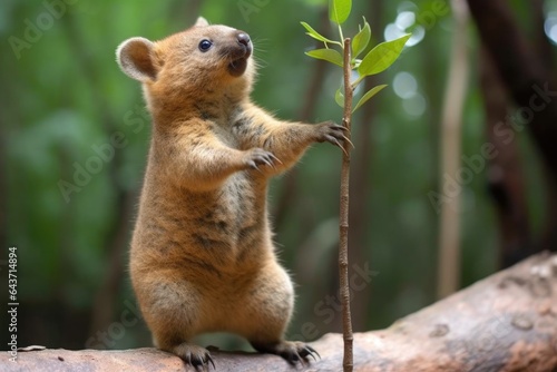 Murais de parede quokka stretching up on hind legs to nibble leaves