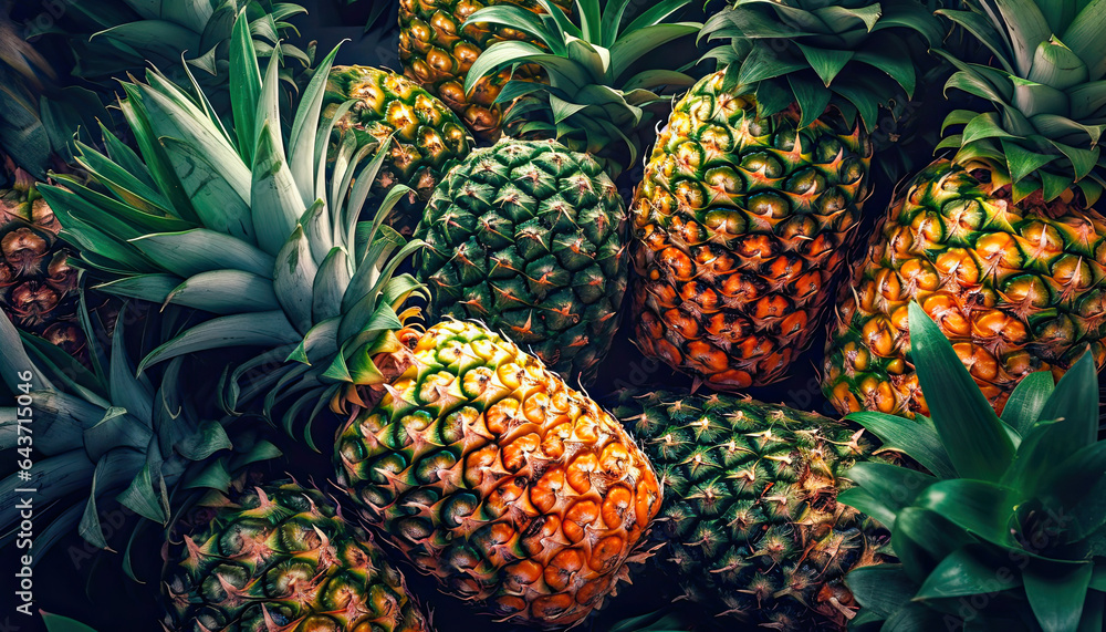 Colorful Pineapples in a Row,pineapple on a market,close up of pineapple Colorful Pineapples in a Row,pineapple on a market,close up of pineapple