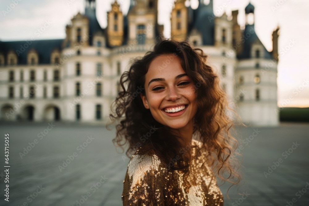Medium shot portrait photography of a happy girl in her 20s wearing a glamorous sequin top at the chateau de chambord in chambord france. With generative AI technology