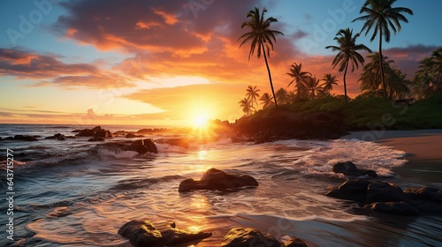 Serene sunset at the beach, golden hour lighting, soft waves gently rolling onto the shore, palm trees silhouetted