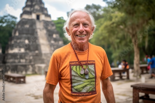 Environmental portrait photography of a joyful mature man wearing a breathable mesh jersey at the tikal national park in peten guatemala. With generative AI technology