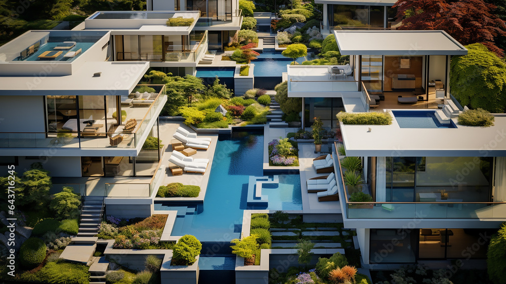 Top down aerial drone view of modern house, the pools and rooftops appear to be colored. Generative AI Top down aerial drone view of modern house, the pools and rooftops appear to be colored. Generative AI