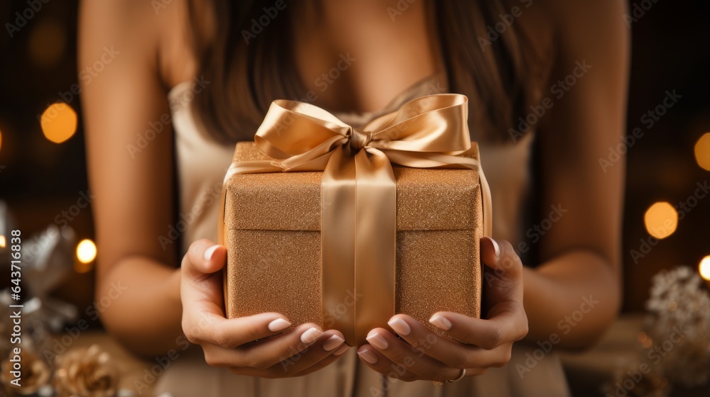 woman hand holding christmas and new year gift box christmas background ideas concept Woman hands holding christmas gift with red ribbon, golden christmas background