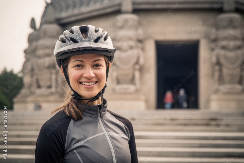 Conceptual portrait photography of a joyful girl in her 30s wearing a padded cycling jersey at the mausoleum of the first qin emperor in xian china. With generative AI technology Conceptual portrait photography of a joyful girl in her 30s wearing a padded cycling jersey at the mausoleum of the first qin emperor in xian china. With generative AI technology