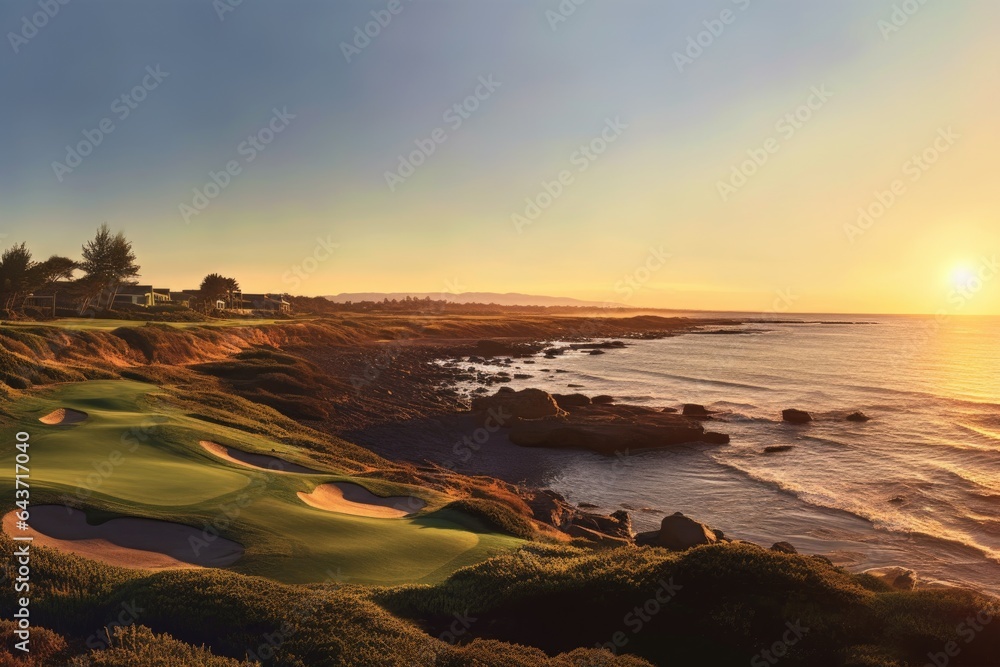 panoramic view of a coastal golf course at golden hour
