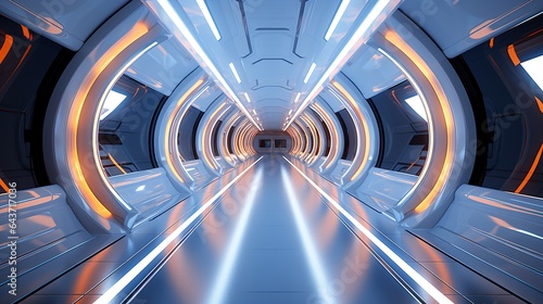 Corridor Hallway Hangar Garage 3D Rendering Illustration Sci Fi Futuristic Alien Spaceship AI generate.