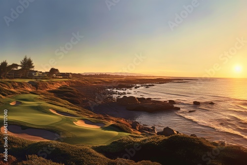 panoramic view of a coastal golf course at golden hour