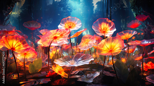 Float amidst the sprawling canopy of neon glass leaves photo