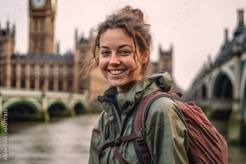 Environmental portrait photography of a joyful girl in her 20s wearing a breathable hiking shirt at the palace of westminster in london england. With generative AI technology