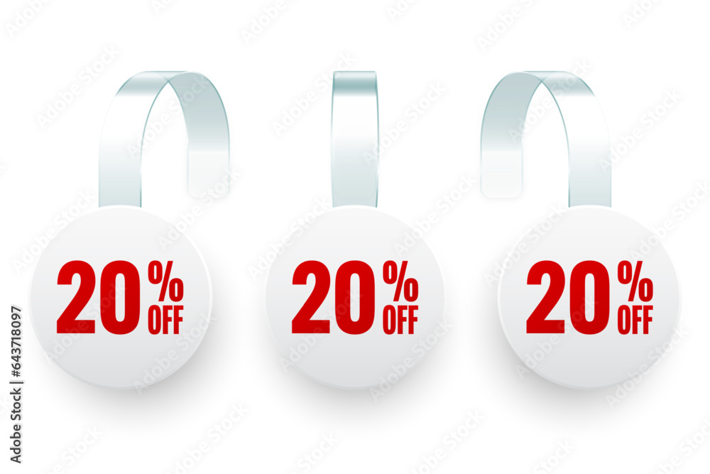 Supermarket promotional wobblers. Realistic white wobbler template for shelf advertising, 20 percent off discount. Sale label with ad text. Special offer price tag. Vector illustration Supermarket promotional wobblers. Realistic white wobbler template for shelf advertising, 20 percent off discount. Sale label with ad text. Special offer price tag. Vector illustration