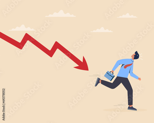 Businessman escape from falling down chart Financial crisis concept.