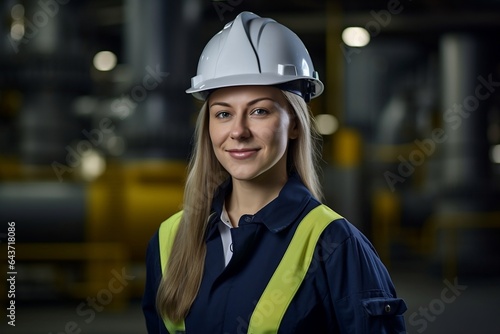 Smiling female engineer at an oil refinery, ensuring the efficient production of petroleum products
