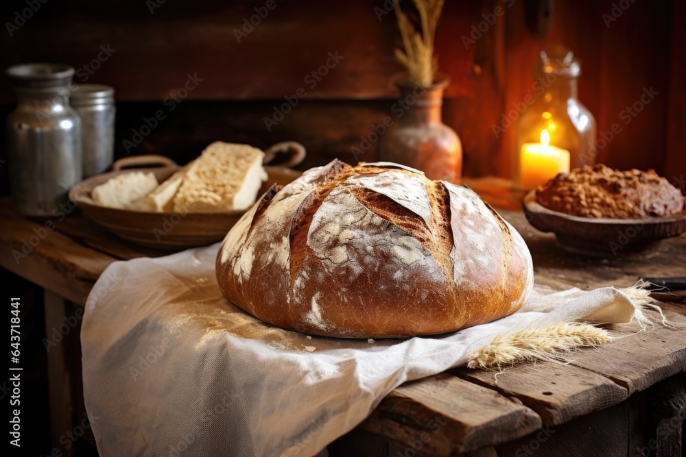 freshly baked sourdough bread on rustic wooden table
