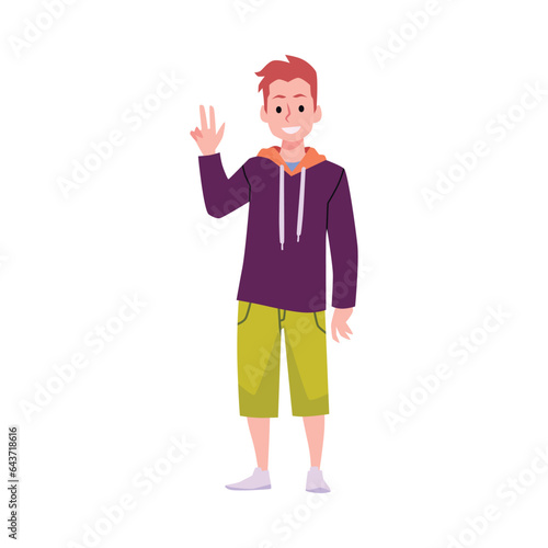 Friendly teenager in hoodies and breeches, smart student shows a hand gesture everything is ok, vector happy youth time