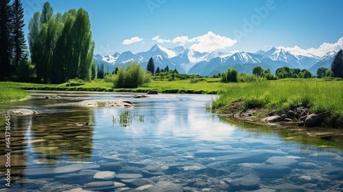 Beautiful summer landscape with lake and mountains.