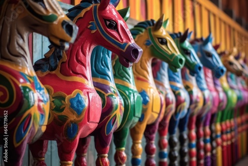 row of colorful painted carousel horses in a line
