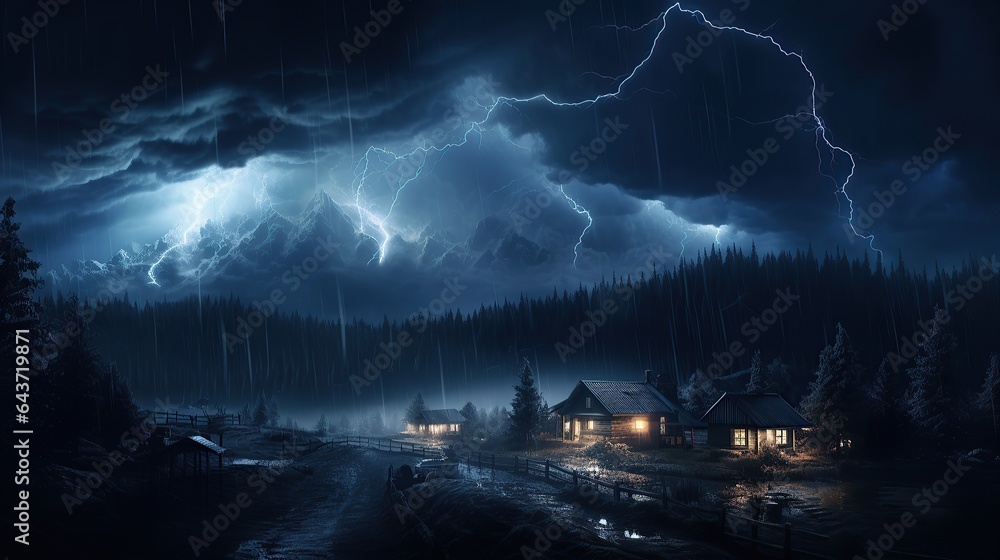 Thunderstorm clouds with lightning at night Generative AI
