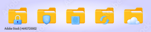 Folder with sync icon, cloud, lock, security shield and finger print protection.3d icon set for landing page. Three dimensional vector illustration collection for website, print, banner, software, app