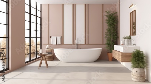 Light bathroom interior with sink and bathtub  decoration on deck and window.