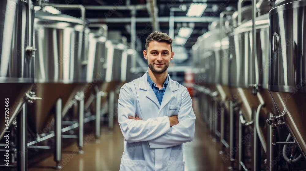 Young man working in modern beer production factory with large steel fermentation tanks in background, Brewery worker. Young man working in modern beer production factory with large steel fermentation tanks in background, Brewery worker.