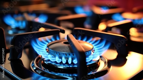 Blue kitchen gas stove flame in kitchen.