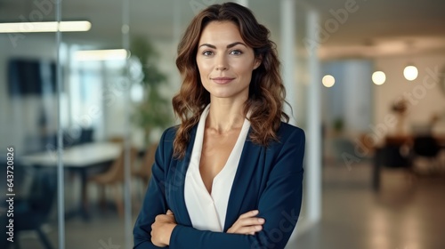 Confident business woman corporate leader standing in office.