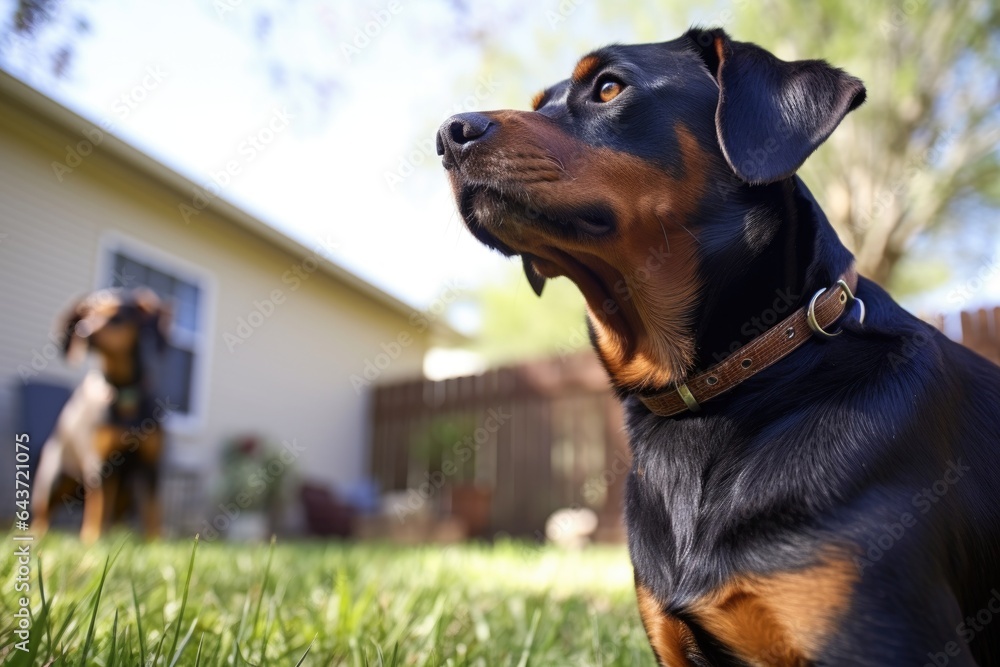 a rottweiler in a yard, its tail in focus with the dog blurred in the background