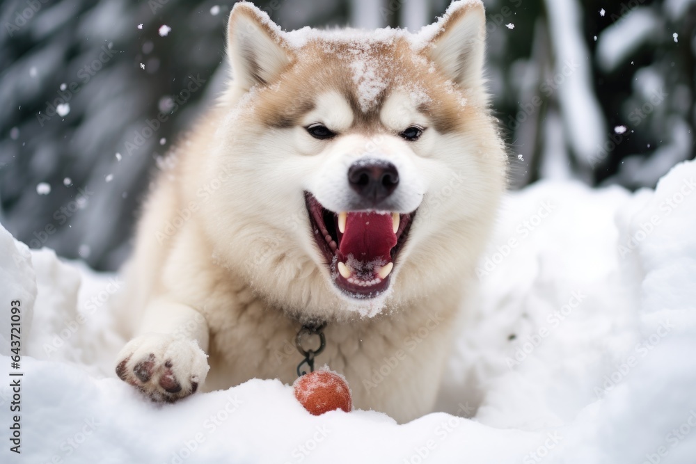 a husky in the snow, playfully biting at its tail