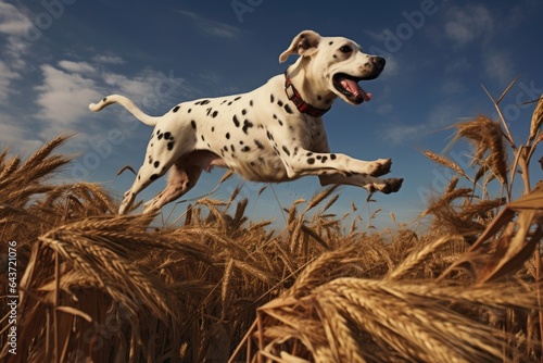 dalmatian in a field  tail caught mid-air