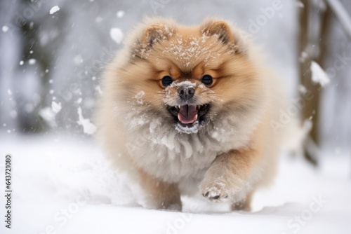 a pomeranian in a flurry of fur trying to catch its tail on a snowy pathway