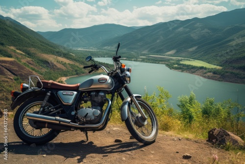 Motorcycle parked on edge of mountain against backdrop of blue lake