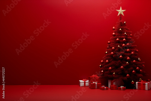 Christmas tree with gift boxes on red background. Christmas background with copy space for text or product display.